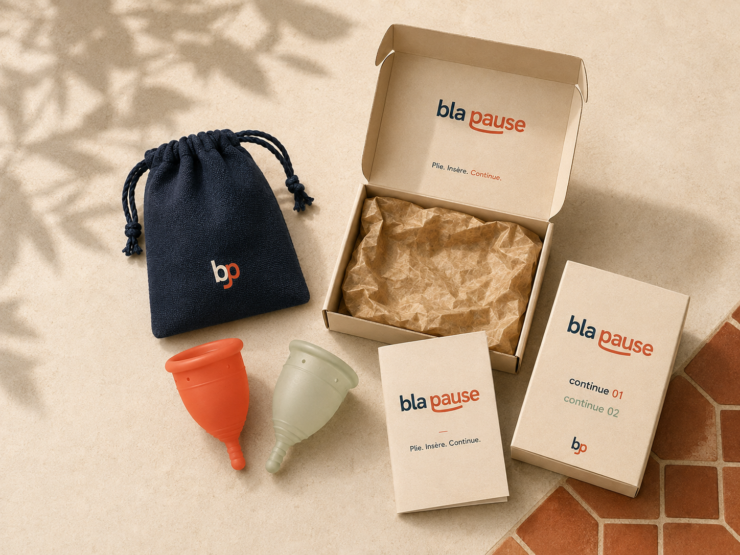 La gamme Bla Pause : pochette, deux cups, notice et coffret